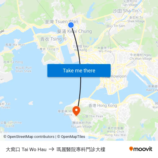 大窩口 Tai Wo Hau to 瑪麗醫院專科門診大樓 map