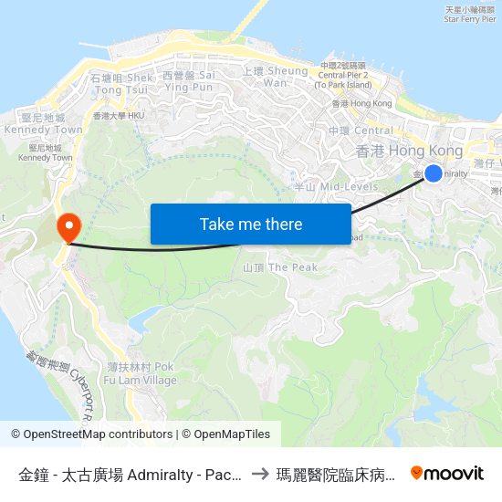 金鐘 - 太古廣場 Admiralty - Pacific Place to 瑪麗醫院臨床病理大樓 map