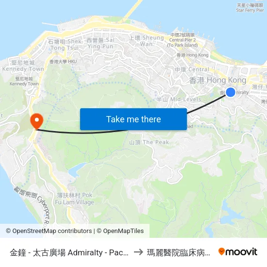 金鐘 - 太古廣場 Admiralty - Pacific Place to 瑪麗醫院臨床病理大樓 map