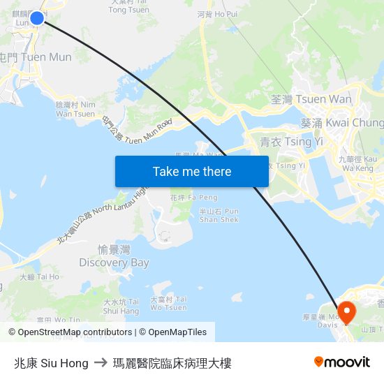 兆康 Siu Hong to 瑪麗醫院臨床病理大樓 map