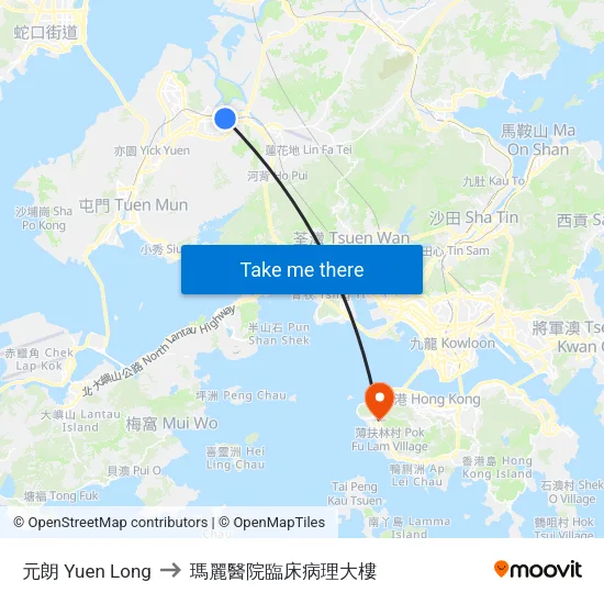 元朗 Yuen Long to 瑪麗醫院臨床病理大樓 map