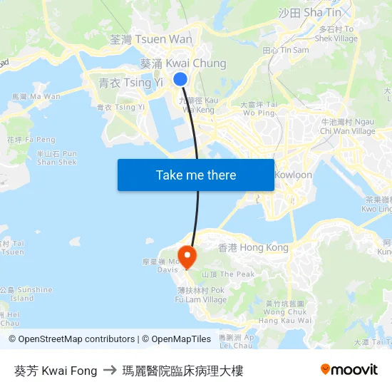 葵芳 Kwai Fong to 瑪麗醫院臨床病理大樓 map