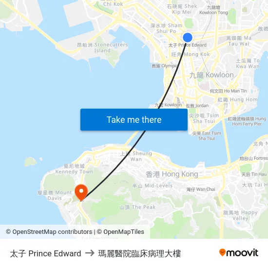 太子 Prince Edward to 瑪麗醫院臨床病理大樓 map
