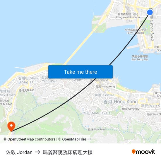 佐敦 Jordan to 瑪麗醫院臨床病理大樓 map
