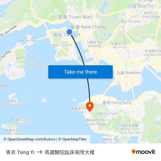 青衣 Tsing Yi to 瑪麗醫院臨床病理大樓 map