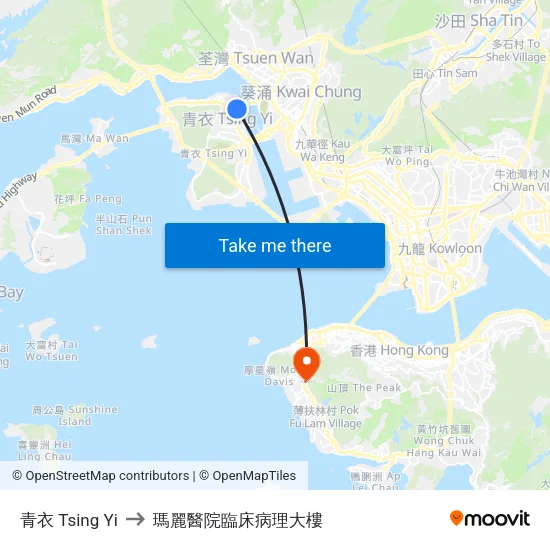 青衣 Tsing Yi to 瑪麗醫院臨床病理大樓 map