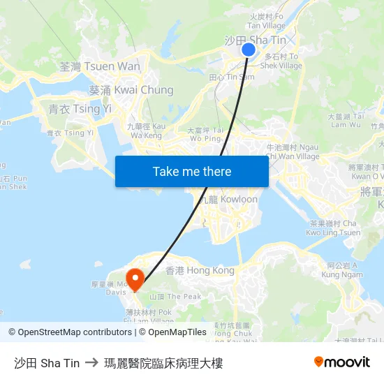 沙田 Sha Tin to 瑪麗醫院臨床病理大樓 map