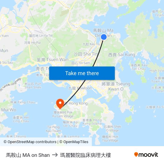 馬鞍山 MA on Shan to 瑪麗醫院臨床病理大樓 map