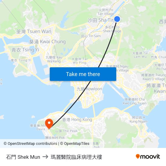 石門 Shek Mun to 瑪麗醫院臨床病理大樓 map