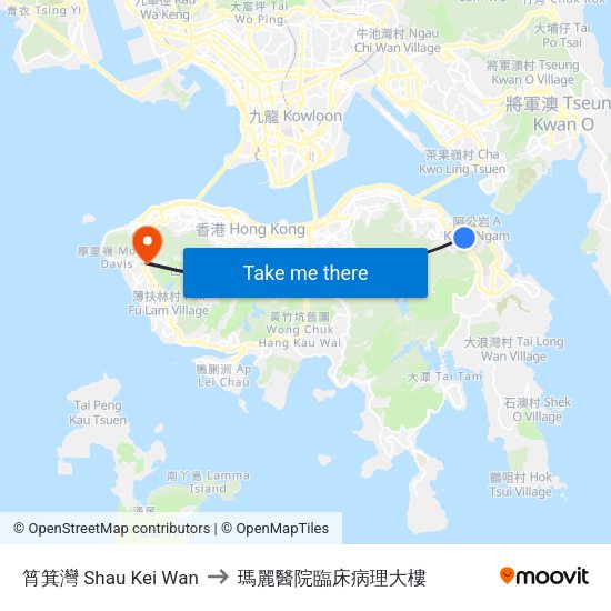 筲箕灣 Shau Kei Wan to 瑪麗醫院臨床病理大樓 map