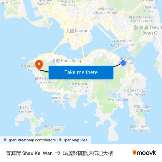 筲箕灣 Shau Kei Wan to 瑪麗醫院臨床病理大樓 map