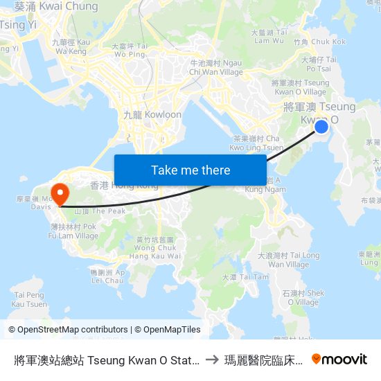 將軍澳站總站 Tseung Kwan O Station Bus Terminus to 瑪麗醫院臨床病理大樓 map