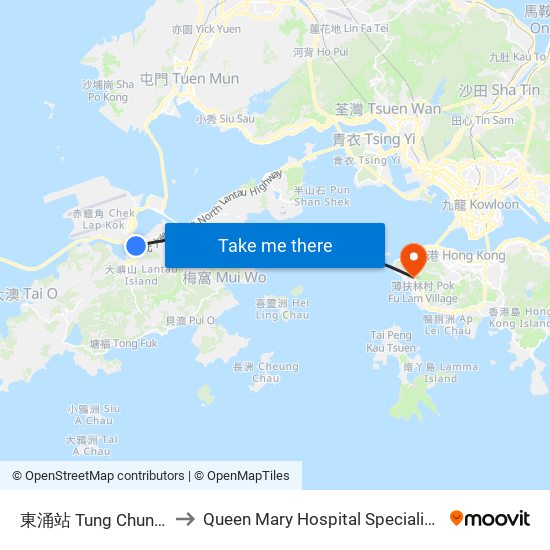 東涌站 Tung Chung Station to Queen Mary Hospital Specialist Clinic Block map
