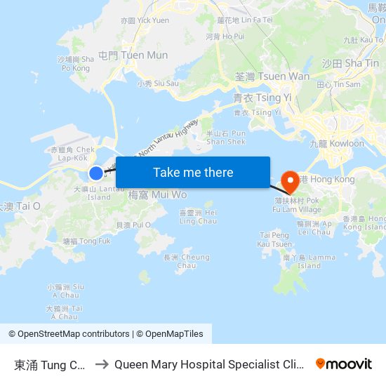 東涌 Tung Chung to Queen Mary Hospital Specialist Clinic Block map