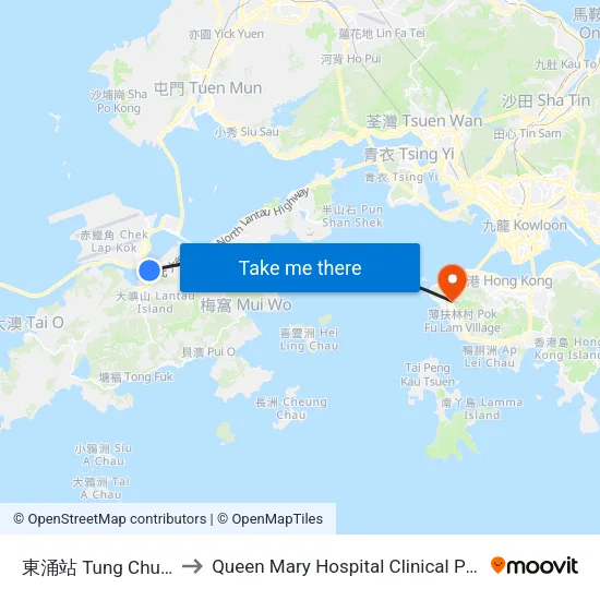 東涌站 Tung Chung Station to Queen Mary Hospital Clinical Pathology Building map