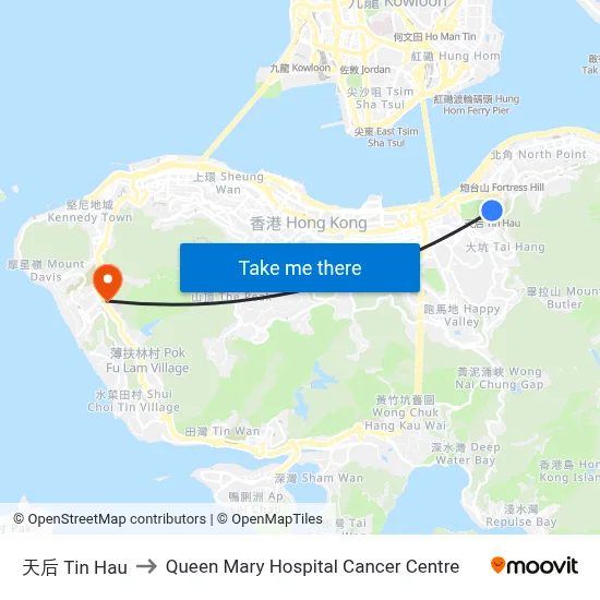 天后 Tin Hau to Queen Mary Hospital Cancer Centre map