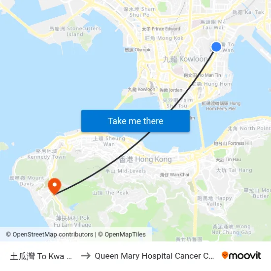 土瓜灣 To Kwa Wan to Queen Mary Hospital Cancer Centre map