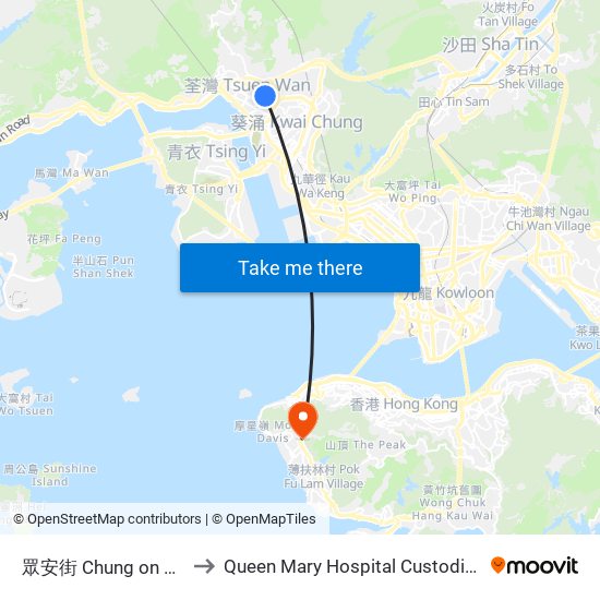眾安街 Chung on Street to Queen Mary Hospital Custodial Ward map