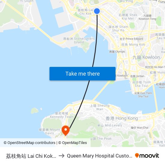 荔枝角站 Lai Chi Kok Station to Queen Mary Hospital Custodial Ward map