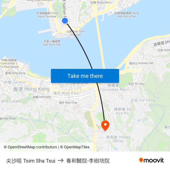 尖沙咀 Tsim Sha Tsui to 養和醫院-李樹培院 map