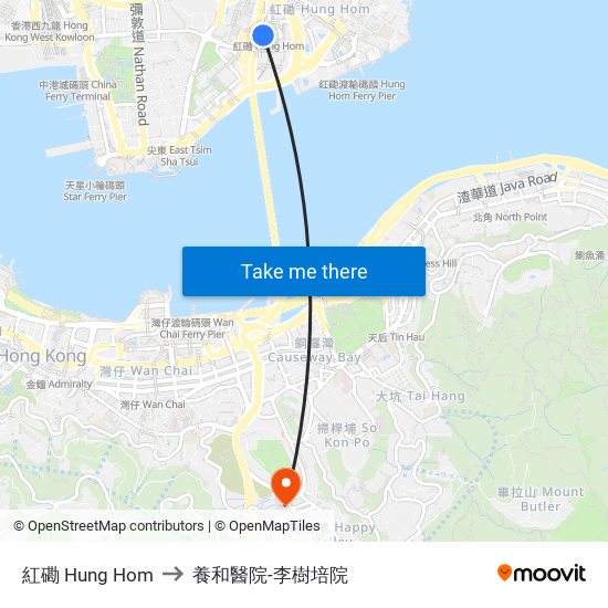 紅磡 Hung Hom to 養和醫院-李樹培院 map