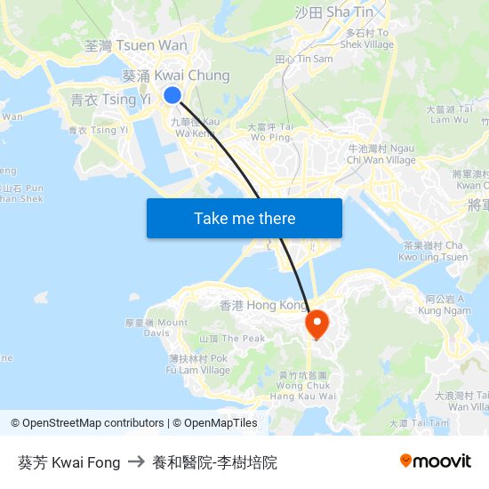 葵芳 Kwai Fong to 養和醫院-李樹培院 map