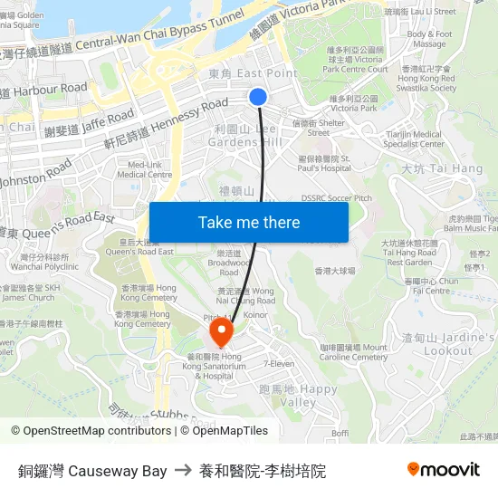 銅鑼灣 Causeway Bay to 養和醫院-李樹培院 map