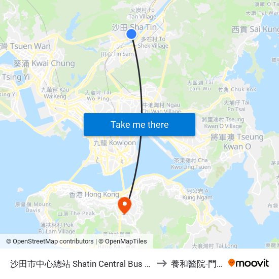 沙田市中心總站 Shatin Central Bus Terminus to 養和醫院-門診部 map