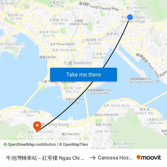 牛池灣轉車站－紅萼樓 Ngau Chi Wan Bbi - Hung Ngok House to Canossa Hospital (Caritas) map