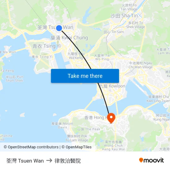 荃灣 Tsuen Wan to 律敦治醫院 map