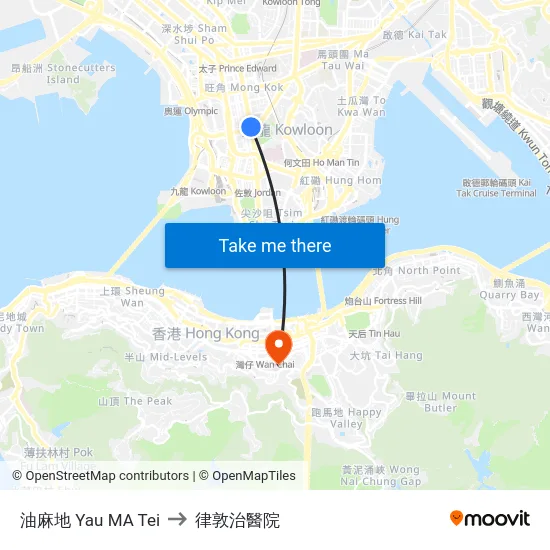 油麻地 Yau MA Tei to 律敦治醫院 map