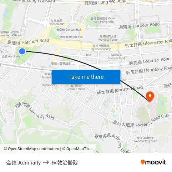 金鐘 Admiralty to 律敦治醫院 map