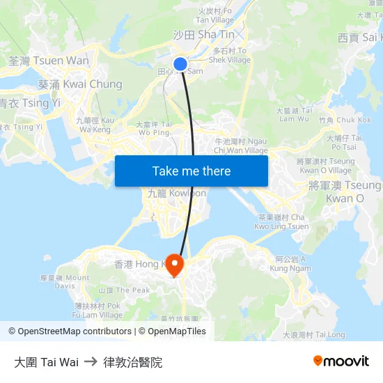 大圍 Tai Wai to 律敦治醫院 map