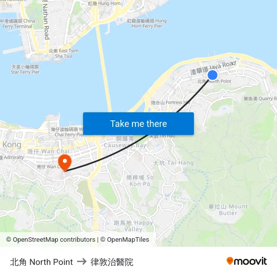 北角 North Point to 律敦治醫院 map