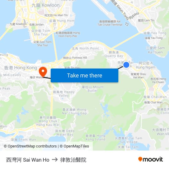 西灣河 Sai Wan Ho to 律敦治醫院 map