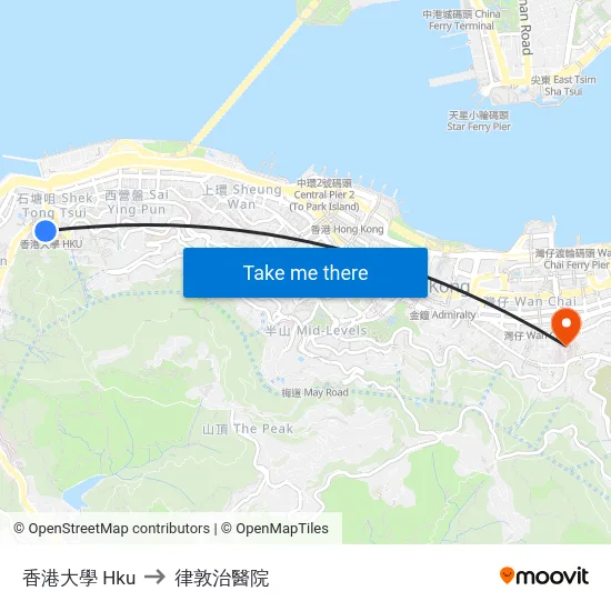 香港大學 Hku to 律敦治醫院 map