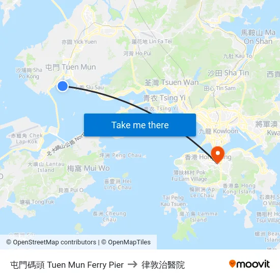 屯門碼頭 Tuen Mun Ferry Pier to 律敦治醫院 map