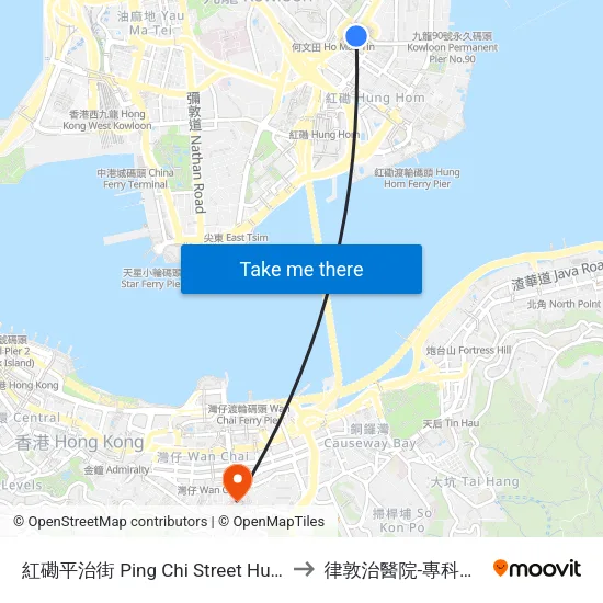 紅磡平治街 Ping Chi Street Hung Hom to 律敦治醫院-專科門診部 map