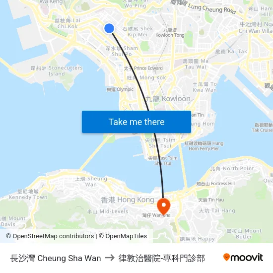 長沙灣 Cheung Sha Wan to 律敦治醫院-專科門診部 map