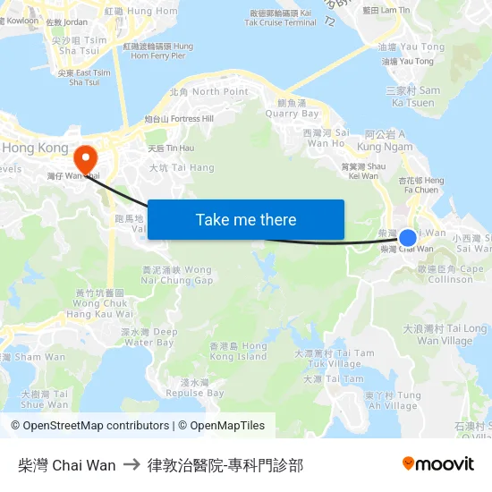 柴灣 Chai Wan to 律敦治醫院-專科門診部 map