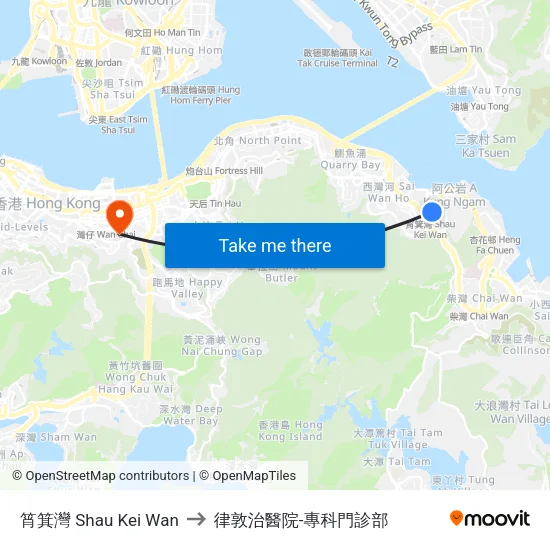 筲箕灣 Shau Kei Wan to 律敦治醫院-專科門診部 map