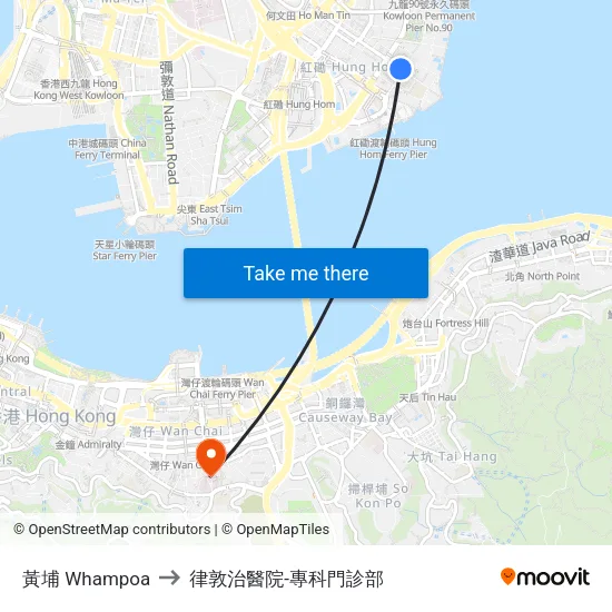 黃埔 Whampoa to 律敦治醫院-專科門診部 map