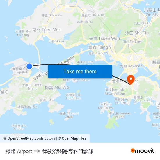 機場 Airport to 律敦治醫院-專科門診部 map