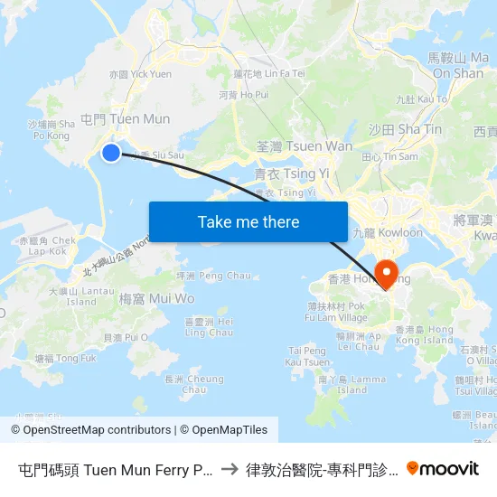 屯門碼頭 Tuen Mun Ferry Pier to 律敦治醫院-專科門診部 map