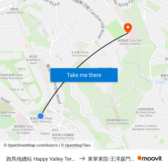 跑馬地總站 Happy Valley Terminus to 東華東院-王澤森門診部 map