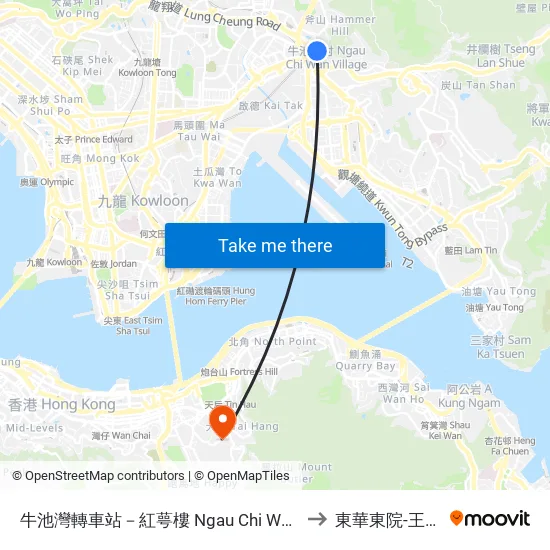 牛池灣轉車站－紅萼樓 Ngau Chi Wan Bbi - Hung Ngok House to 東華東院-王澤森門診部 map