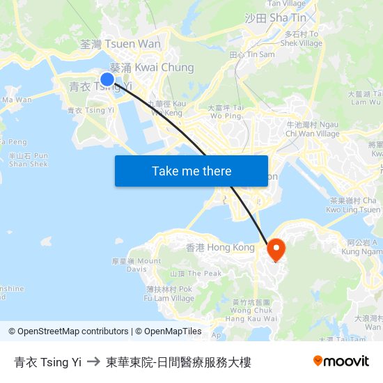 青衣 Tsing Yi to 東華東院-日間醫療服務大樓 map