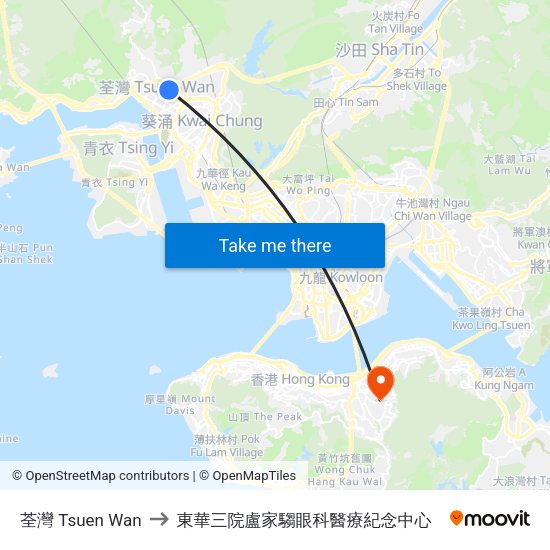 荃灣 Tsuen Wan to 東華三院盧家騶眼科醫療紀念中心 map