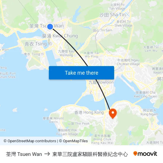 荃灣 Tsuen Wan to 東華三院盧家騶眼科醫療紀念中心 map