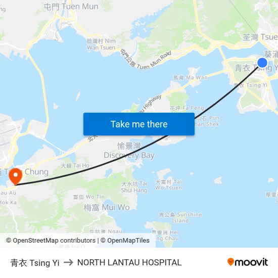 Tsing Yi to North Lantau Hospital map